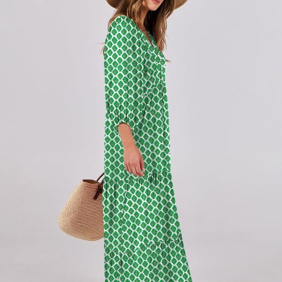 Womens Boho Maxi Dresses 2025 Summer V Neck Puff Sleeve Floral Flowy Swing Casua - Picture 3 of 8